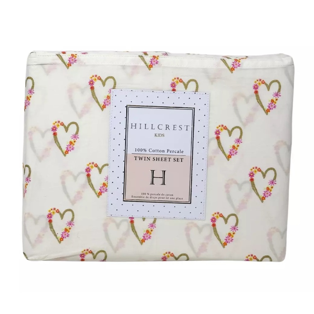 Hillcrest TWIN Soft Cotton Percale Heart & Flowers Gold Rose Pink Sheet Set NEW